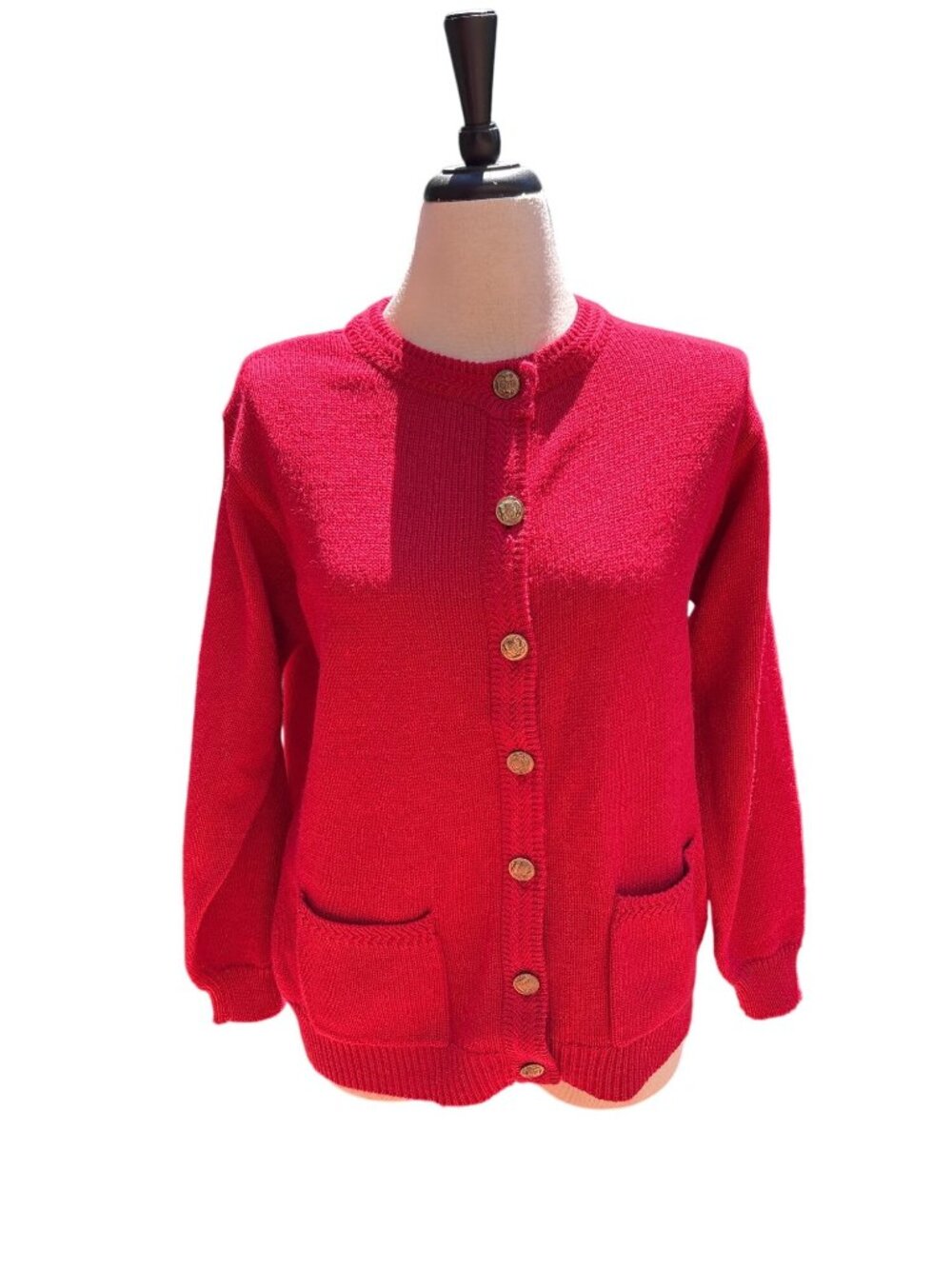 Cardigan Sweater Gold-Tone Buttons Front Pockets Size XL  Vintage Red Button-Up